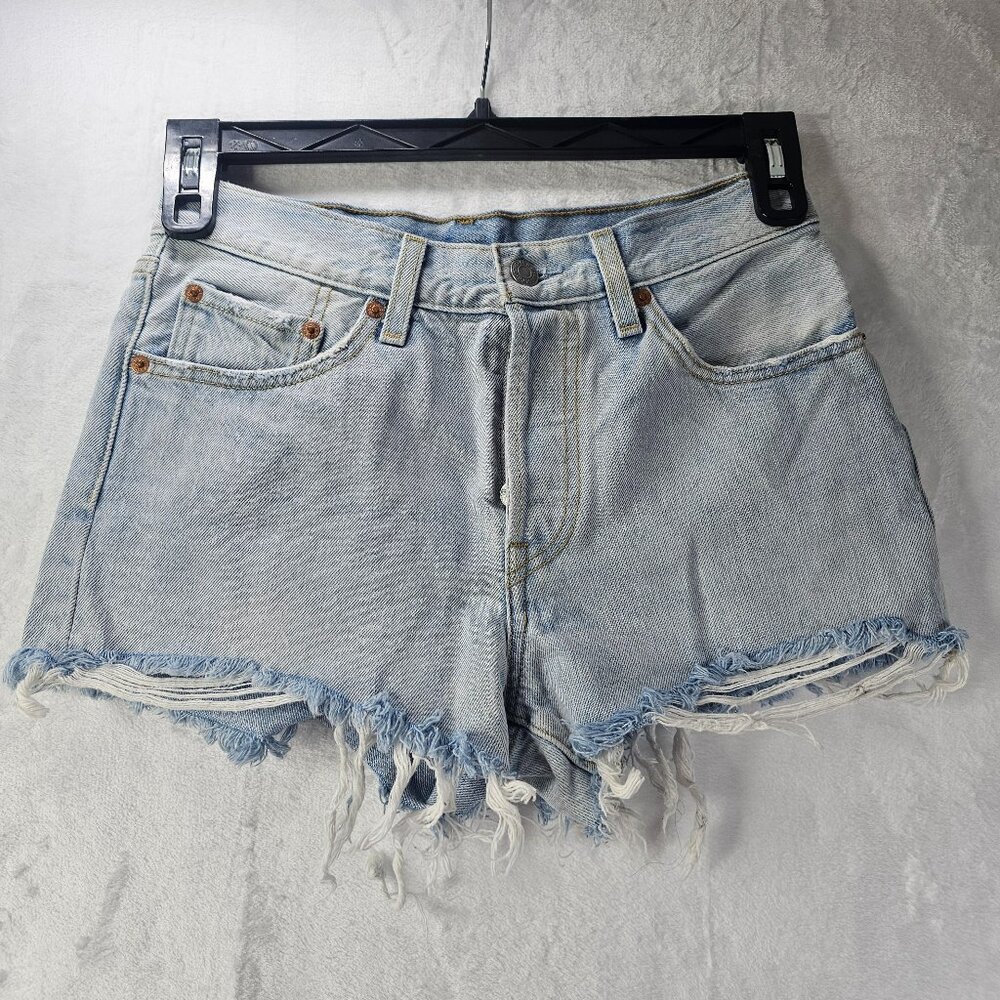 Levi's 501 Women Shorts Denim Light Blue Distress Size 26W Button Fly Cotton